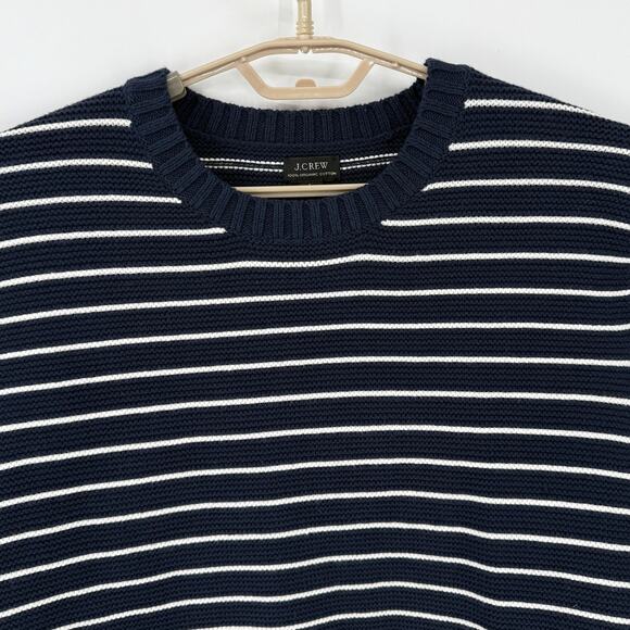 J Crew Mens 100% Organic Cotton Navy Stripe Sweater Thick Cozy Size Large - Picture 2 of 6